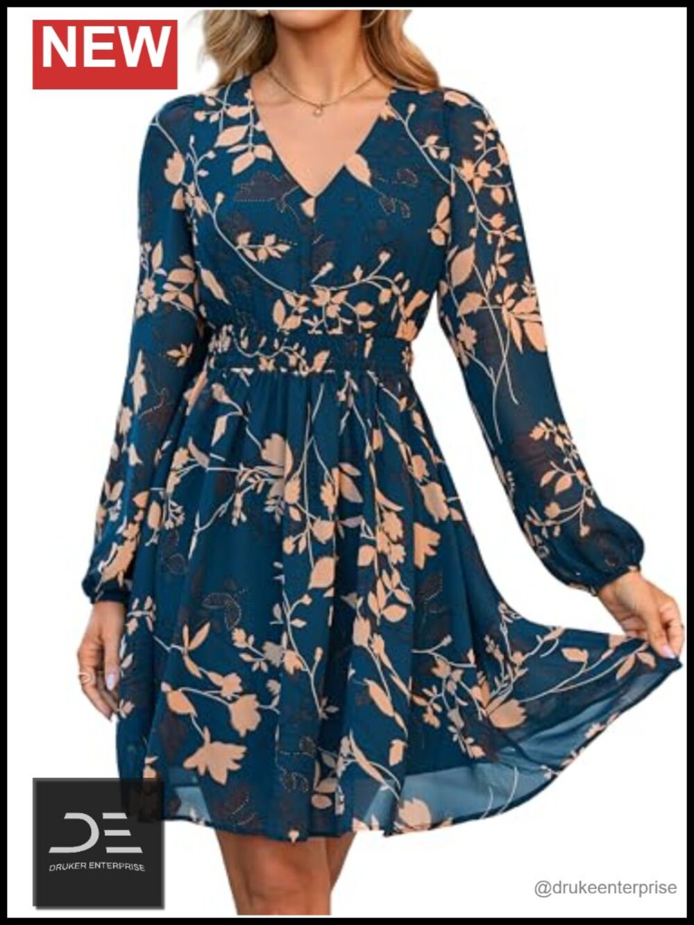 Women's Floral Mini Dress Long Sleeve Chiffon A-Line Casual Boho